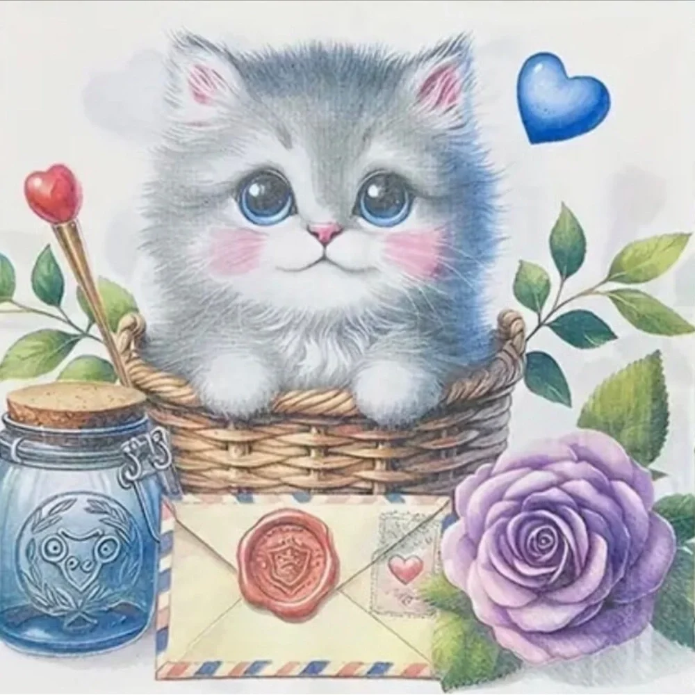 Letter Floral Sweet Kitten in Basket Luncheon Paper Napkins, 20 ct